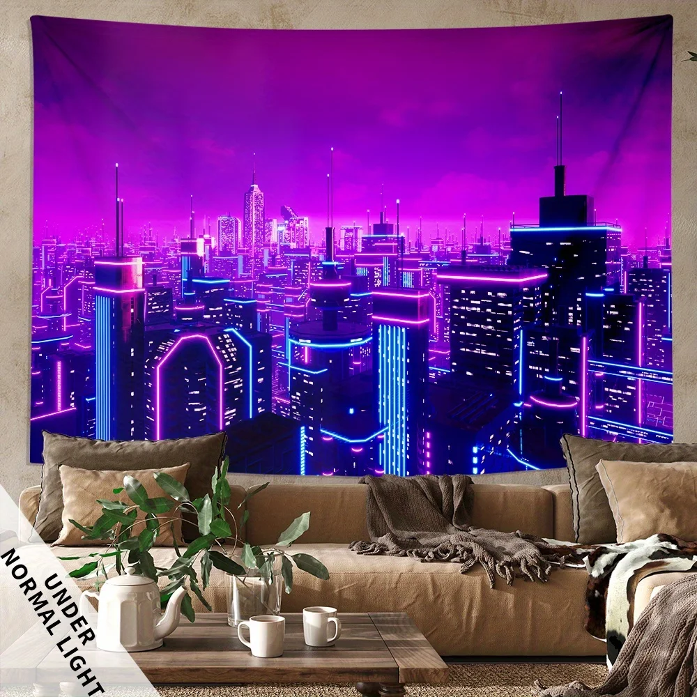 Neon Cityscape Tapestry: Futuristic, Vibrant, and Strikingly Modern Wall Art for a Stunning Urban Decor Statement