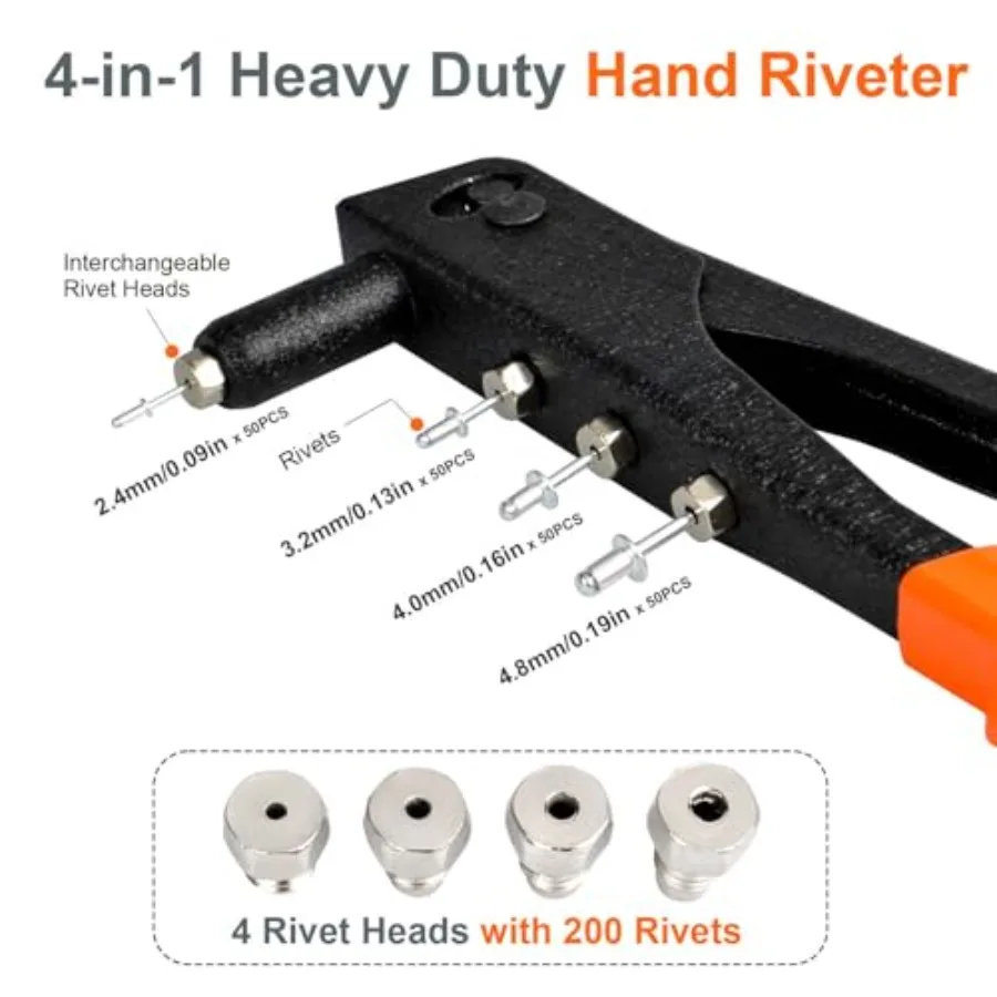 手動リベットガン、4サイズのリベット200個付き、自動車修理、鉄道保守、家具組み立て、機器製造用