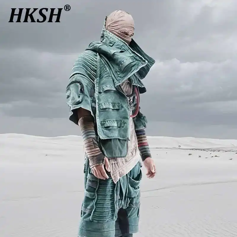 HKSH Spring New Men Tide Punk Sand Waste Land COS Asymmetric Deconstruction Pleated Coats Futuristic Washed Short Jackets HK4206