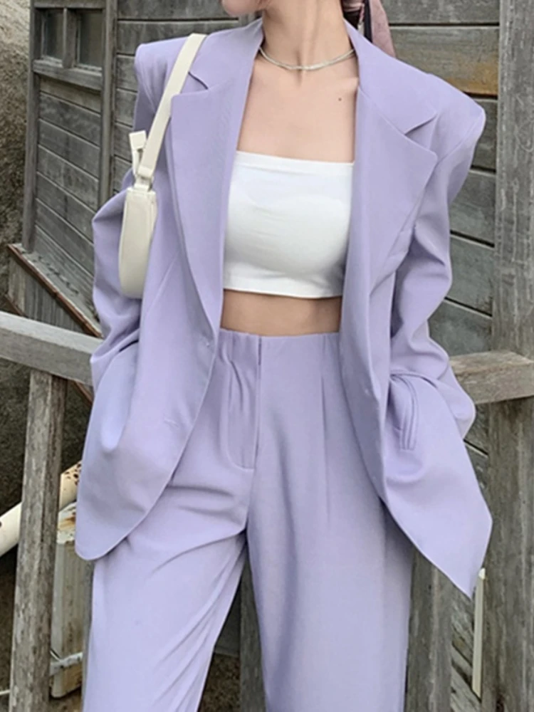 Outono feminino roxo blazer pantsuit coreano moda vintage solto jaqueta calças 2 peça conjunto de negócios feminino casual calças outfit