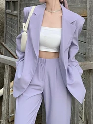 Autumn Women Purple Blazer Pantsuit Korean Fashion Vintage Loose Jacket Pants 2 Piece Set Female Business Casual Trousers Outfit