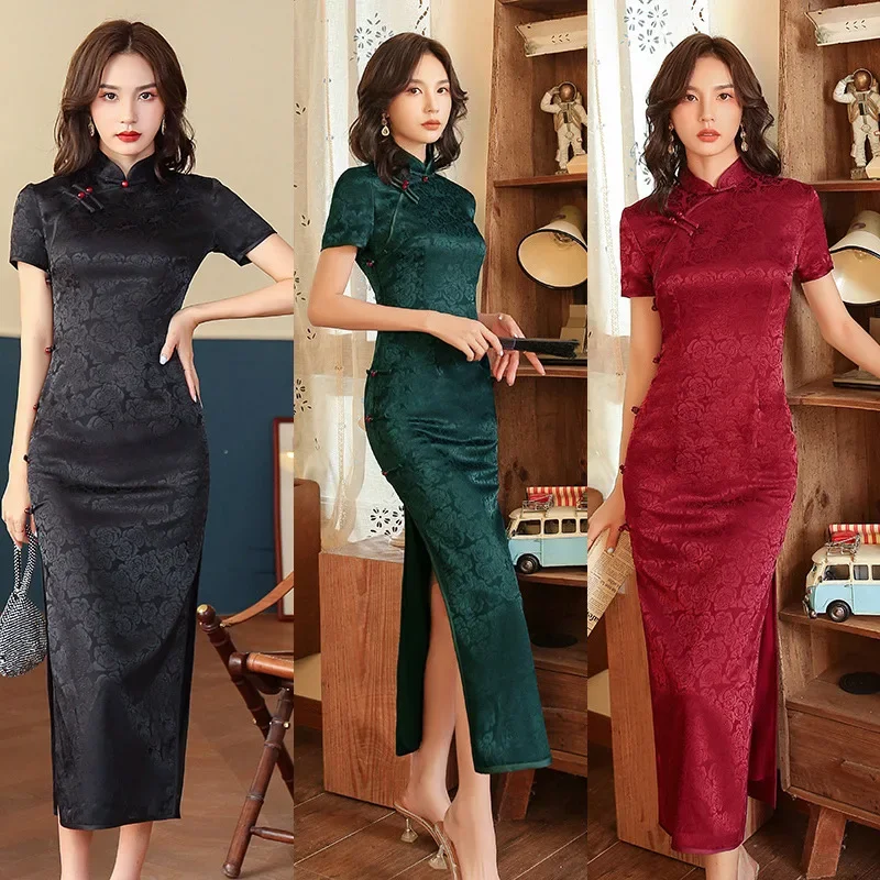

Весенне-осеннее новое платье Cheongsam с цветочным принтом и коротким рукавом, улучшенное боковое платье с восемью пуговицами, двухслойное Cheongsam