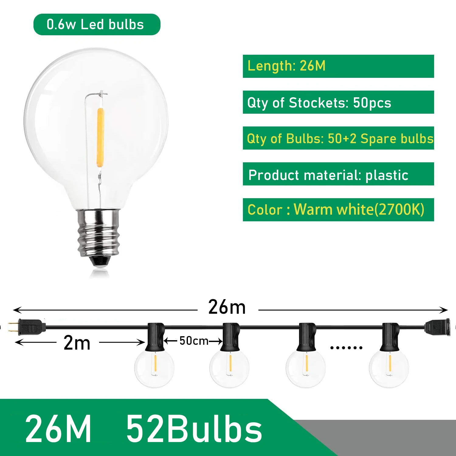 9M/26M Festoen LED Globe String Light Fairy LED G40 Buiten Voor Kerstfeest Tuin Decor Garland Lamp Straat Patio Achtertuin