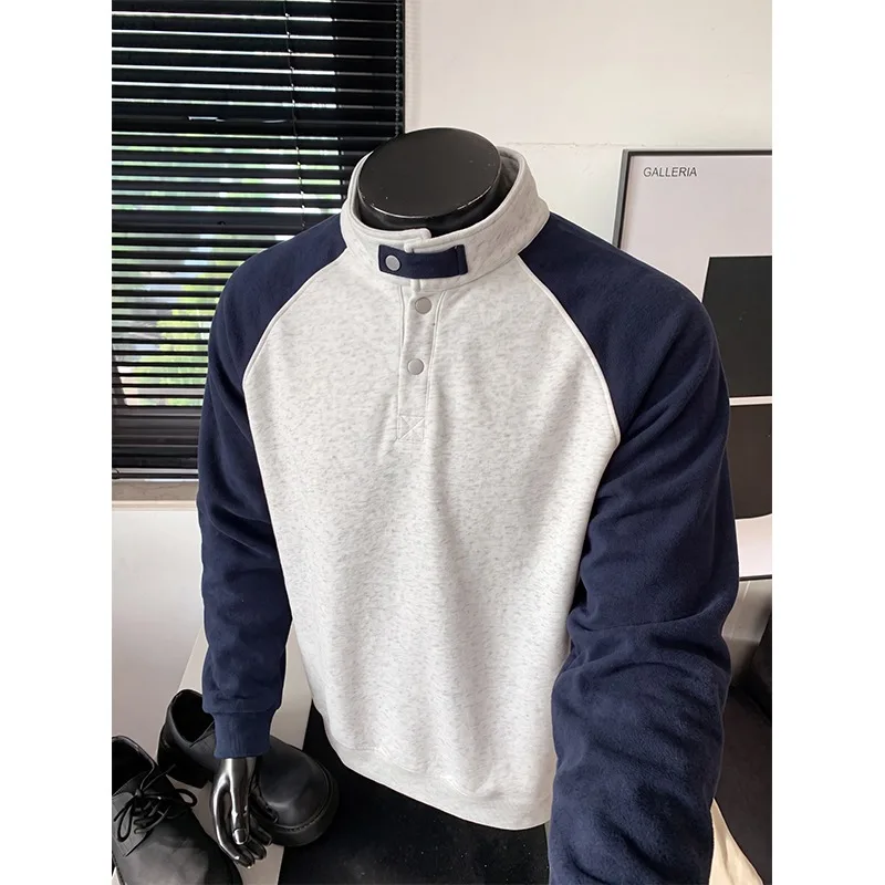 Men's Heavyweight Cotton Polo Sweatshirt – Stand Collar Button-Down Long Sleeve Top, Colorblock Raglan Sleeve Casual Pullover