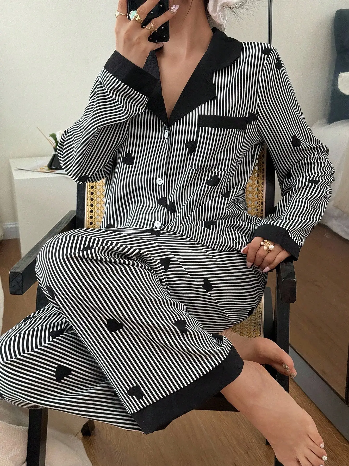 

Black & White Striped Button-Up Pajama Set with Heart Print and Contrast Collar