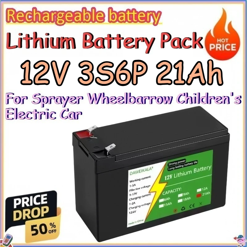 

12V 3S6P 21Ah Lithium Battery Pack for Sprayer Wheelbarrow Children's Electric Car Replace Rechargeable 18650 Lithium Battery