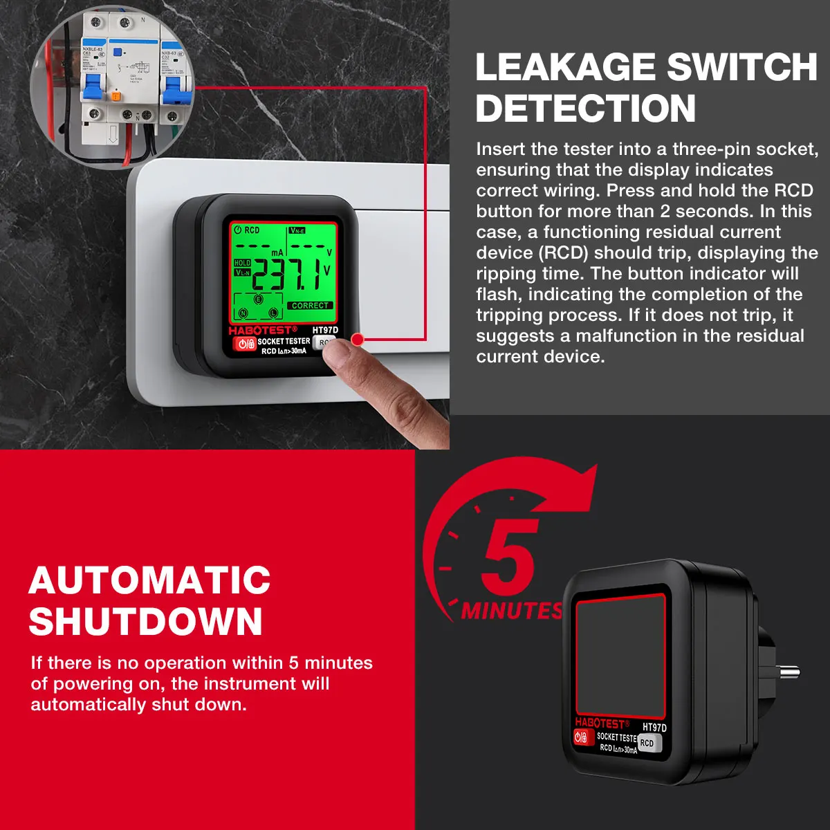 HT97 cyfrowy miernik do gniazdka inteligentny czujnik napięcia RCD GFCI Test napięcia 48-250V EU US UK wtyczka duży wyświetlacz LCD miernik do