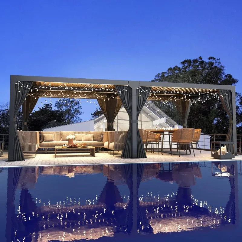 عريشة ذات كوة 12 × 20 قدمًا، سقف وستائر من الألومنيوم قابلة للتعديل، شرفة شرفة رمادية داكنة #1