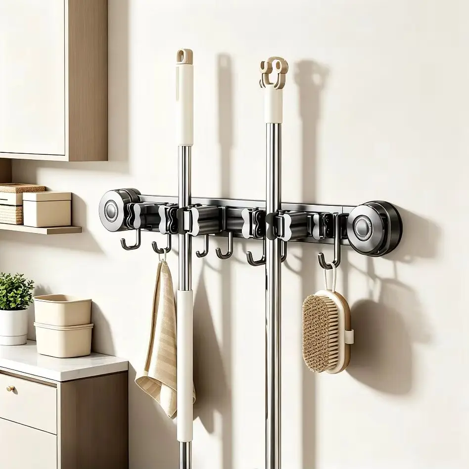 Punch-Free Suction Cup Hook Wall Mount Household Mop Broom Holder For Bathroom