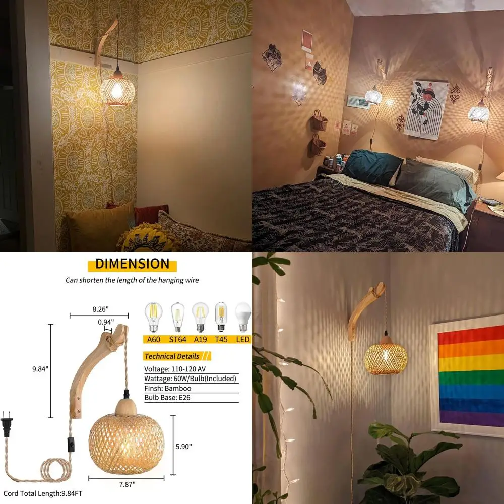 

Plug-in Bamboo Wall Sconces Pair, Boho Style with 9.84FT Cord and Switch, Ideal for Home Lighting in Various Rooms