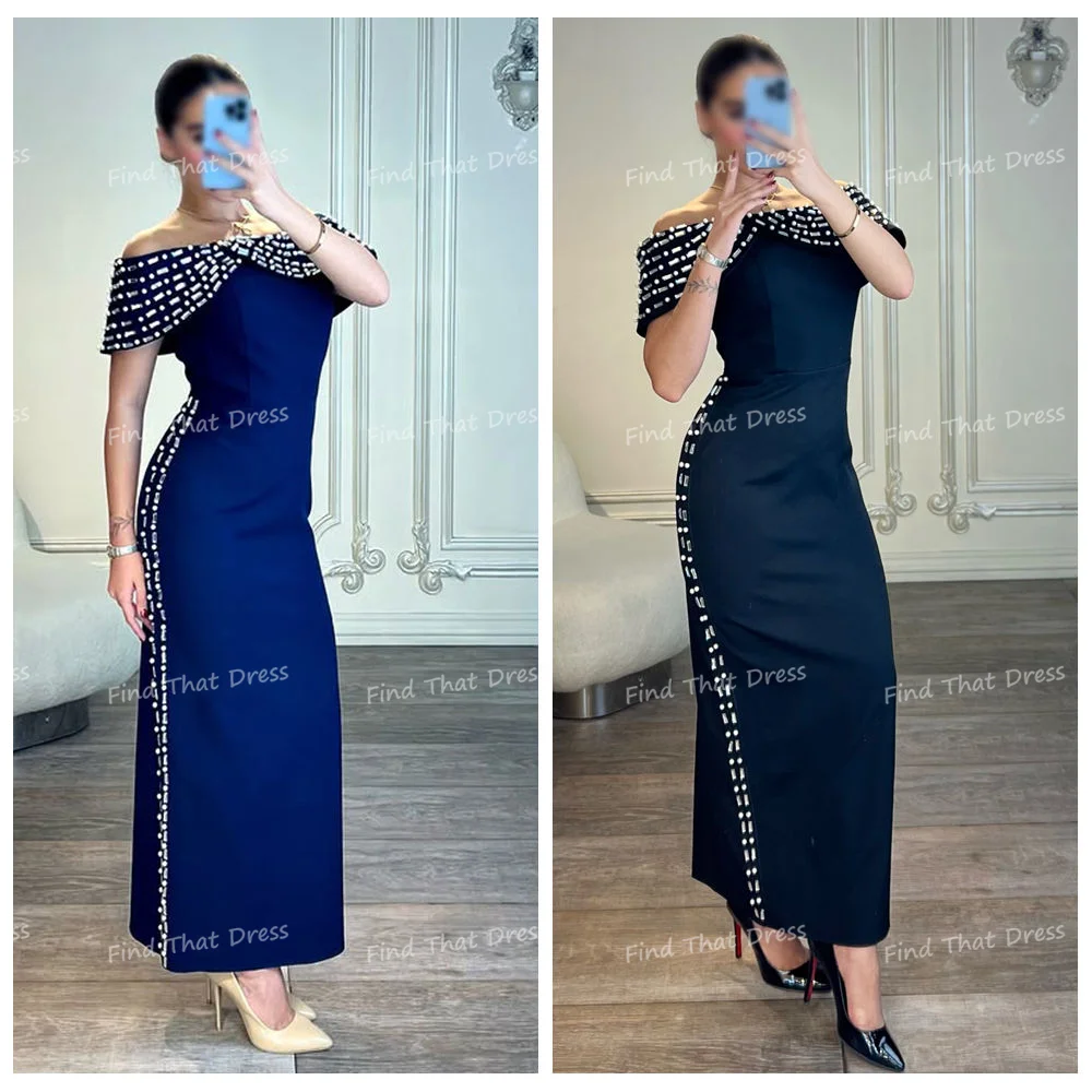 

Custom Made Shiny Off Shoulder Beading Sheath Sexy Evening Gown Ankle Length Backless Saudi Arab Dress شارون سعيد