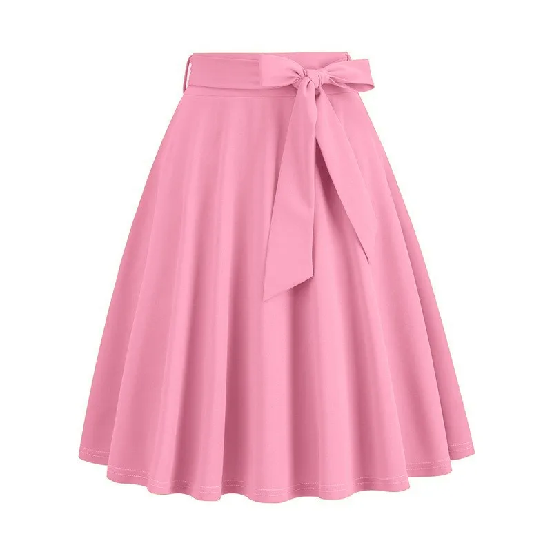 Women New A-line Big Swing Skirts Casual Belted Bow Decor Solid Color High Waist Soft Ruffle Summer Dating Party Short Skirt