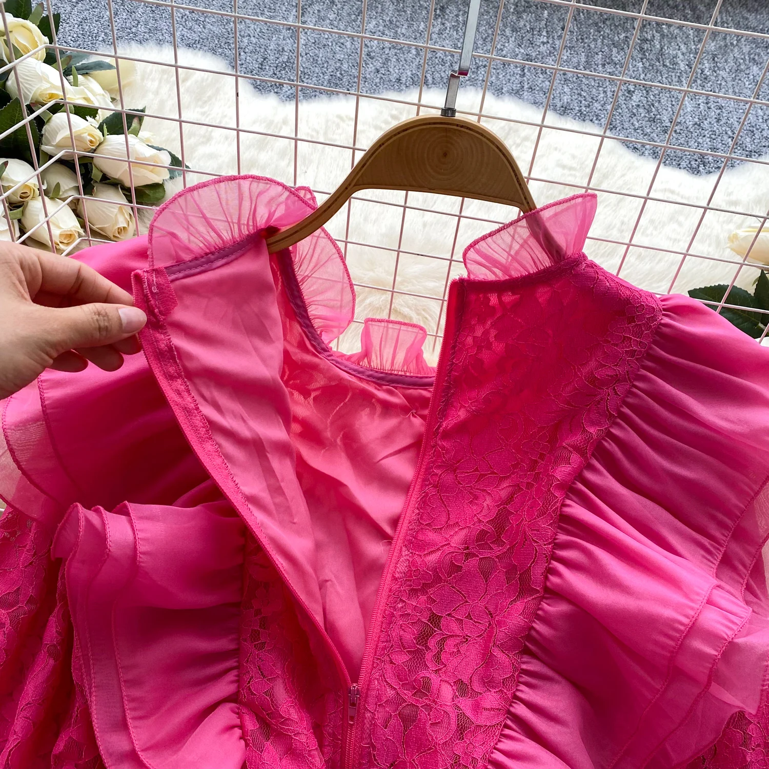 Vintage Basics ruches kant lange mouw chique bedekte knop slanke top Franse streetwear high street blouse