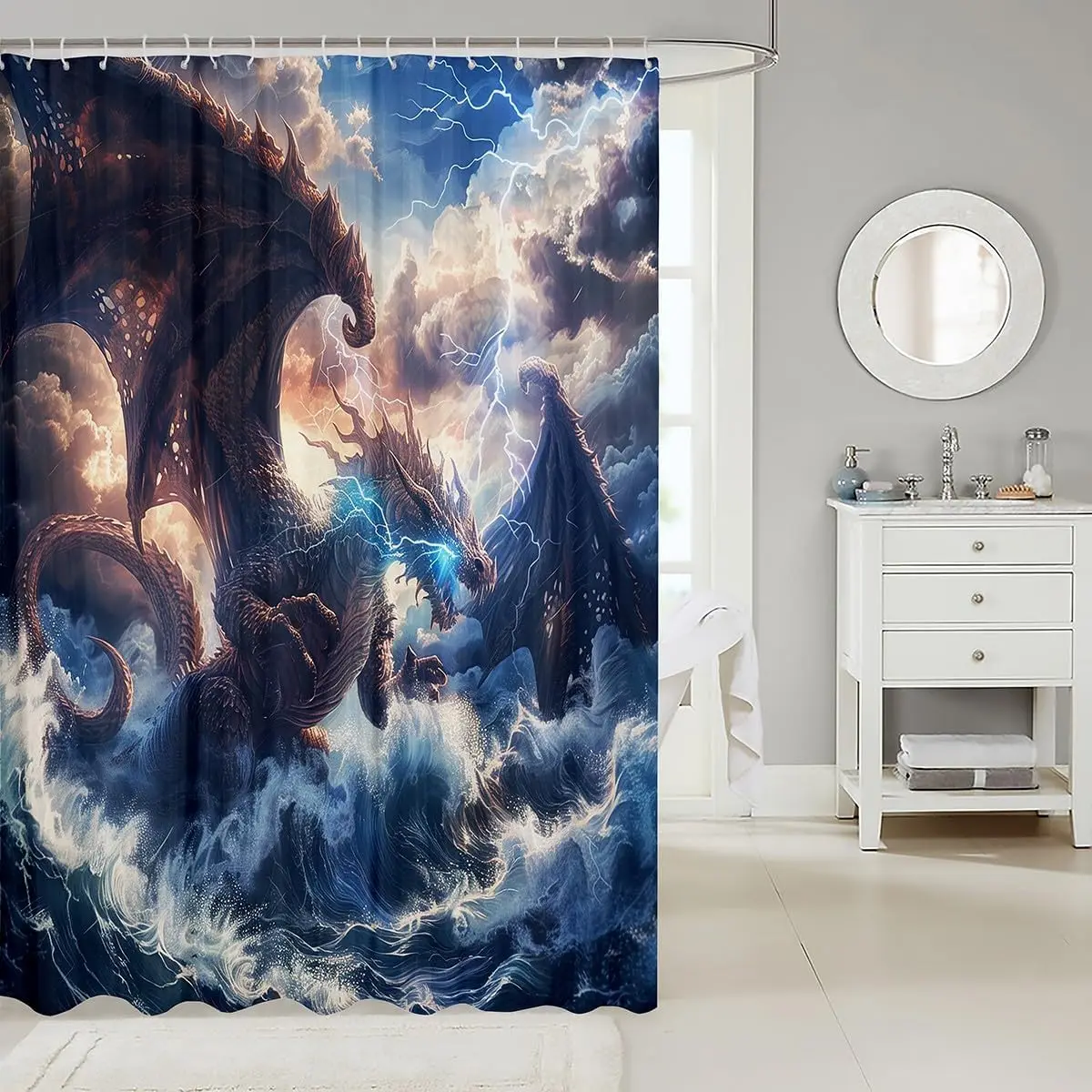 Giant Dragon Lightning Storm Shower Curtain Waterproof Bathroom Decor Fantasy Mythical Creature Art Print For Epic Bathrooms