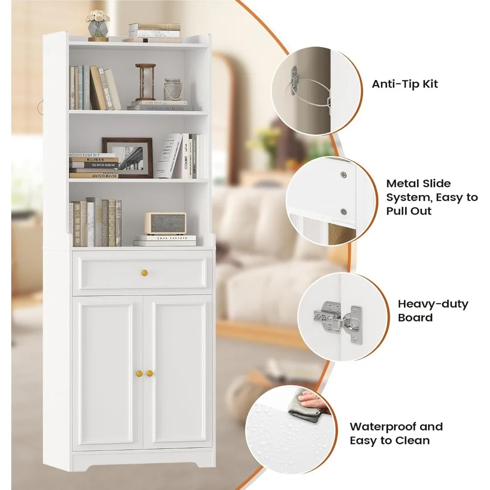 أرفف كتب وخزانة كتب بأبواب وأدراج وأرفف، رف كتب طويل 73 بوصة مع مساحة تخزين، كتب قائمة على الأرض مكونة من 7 طبقات