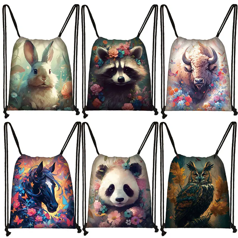 Animals Raccoon Horse Owl Drawstring Bag Kawaii Panda Backpacks Outdoor Travel Storage Bag Shoes Holder Teenager Book Bags Gifts