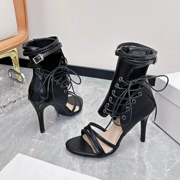 Sexy High Heels Hollow Mesh Sandals Women Summer Cross-tied Peep Toe Heeled Sandals Ankle Strap Dance Shoes Black Net Sandals