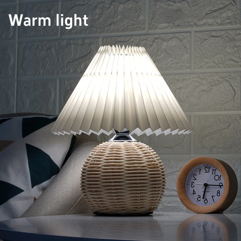 

Led Fabric Pleated Lampshade Light Retro Rattan Strip Usb Plug Bedroom Bedside Lamp Desk Lamp Indoor Home Decoration Lighting