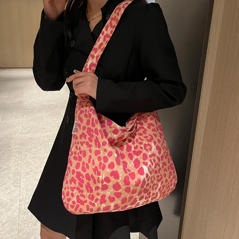 LEFTSIDE Cloth Leopard Shopper Shopping Underarm Bags Lady Large Shoulder Bag for Women 2024 Winter New Trend Y2K Handbags