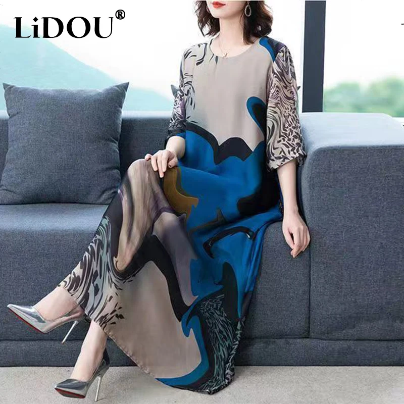 

Spring Autumn Oversized Fashion Printing Round Neck Loose Casual Dress Female 3/4 Sleeve Midi Robe Dresses Vestidos De Fiesta