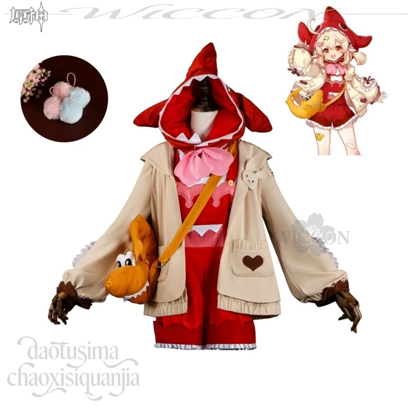 

Anime Game Genshin Impact Cosplay Klee Costume New Outfit Kawaii Red Furry Shark Hat Bag Cute Lovely Sweet Lolita Wigs Halloween