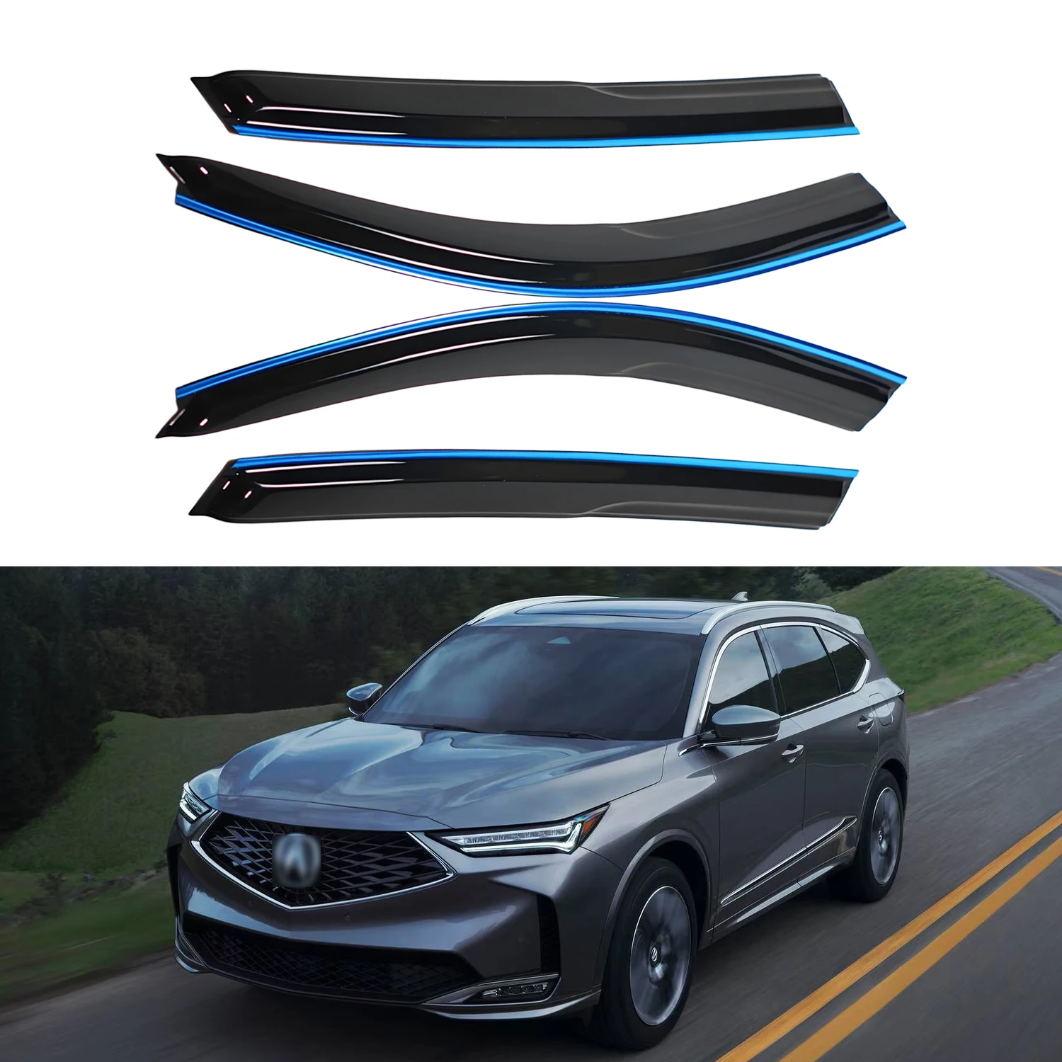 

For Acura MDX 4-Door 2014-2021 Wind Deflectors External Chrome Trim Tinted 4pcs Set With Water Channel 1.5MM Thick Boxed