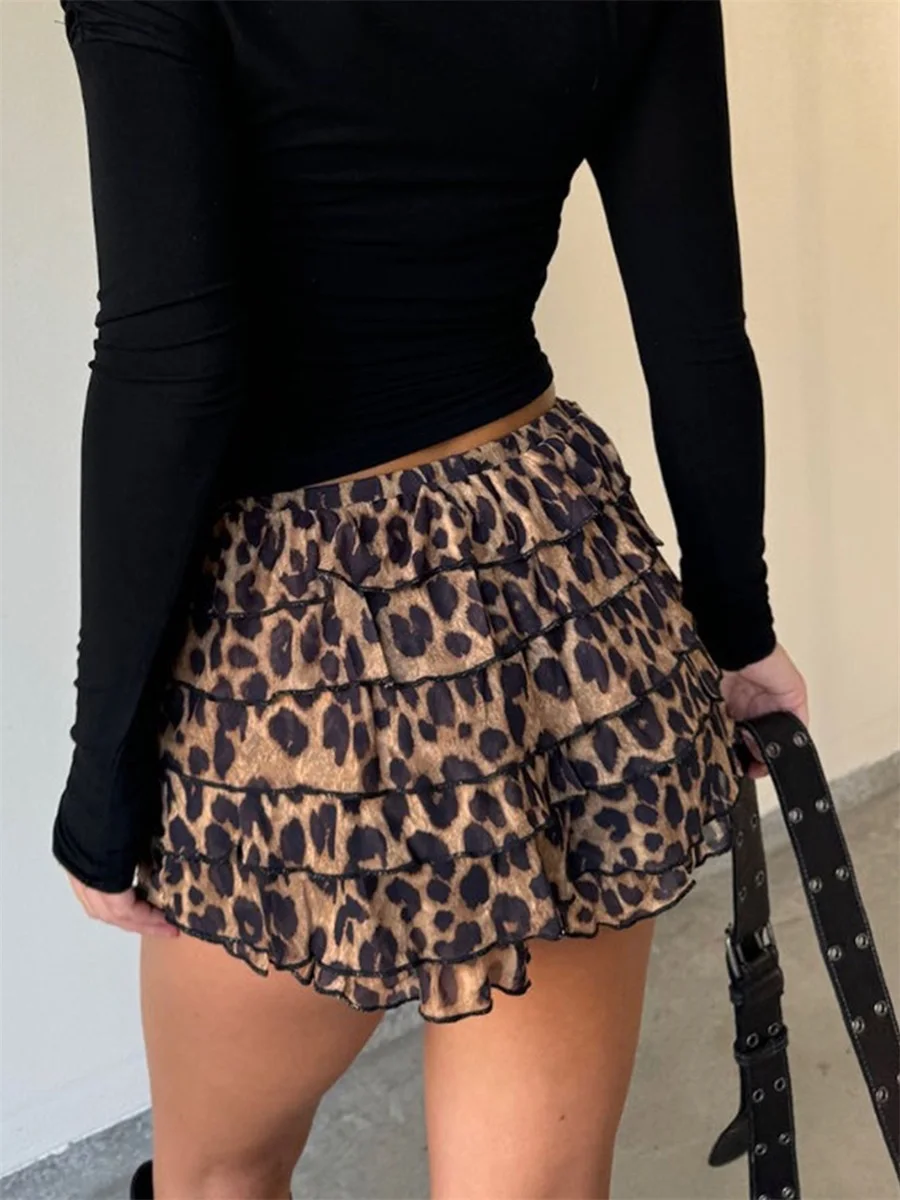 Women Summer Mini Skirt Casual Leopard Print Layered Ruffles A-Line Skirt for Beach Vacation Club Streetwear