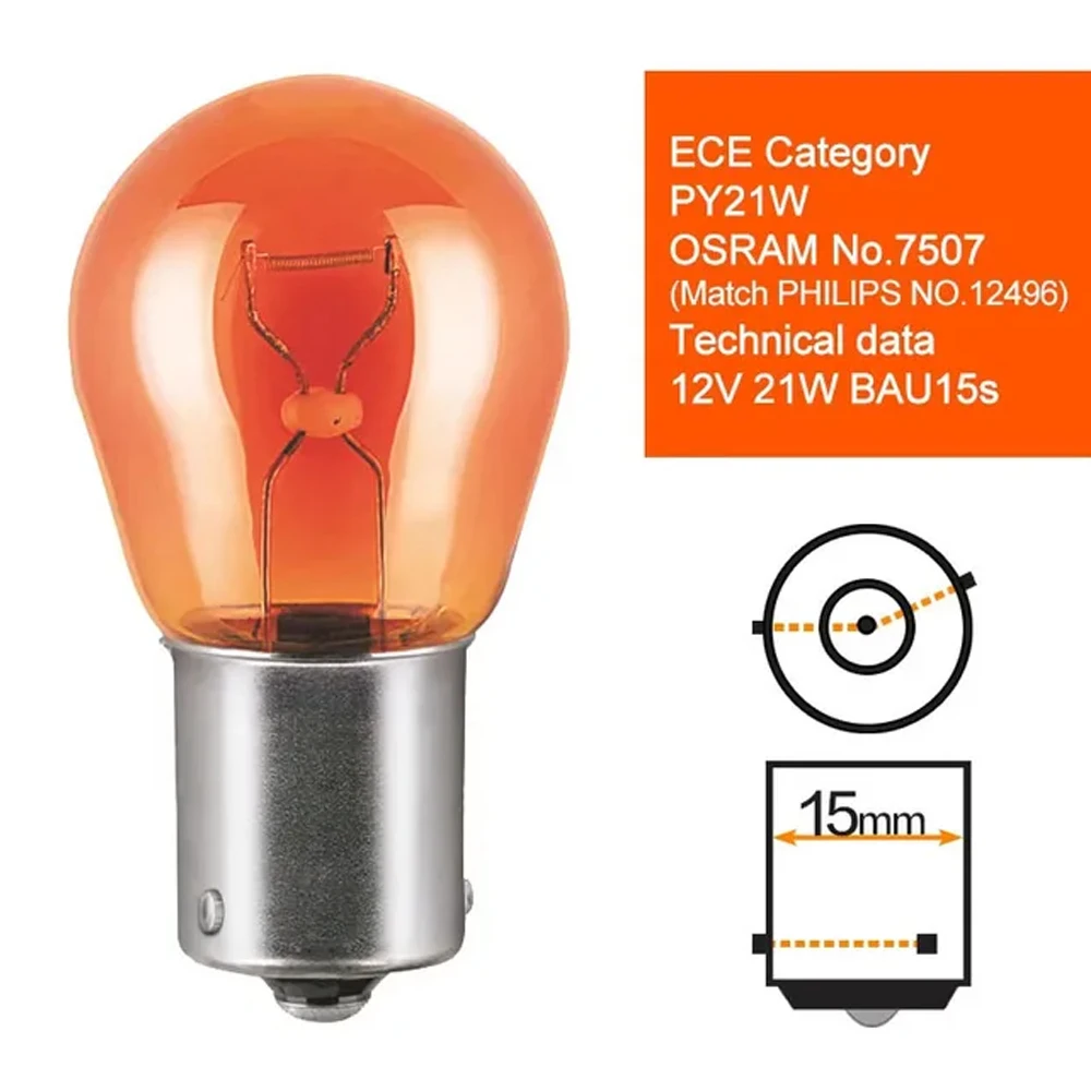 OSRAM Original PY21W Bau15s Car Metal Bases Amber Turn Signal Halogen Light OEM Brake Bulbs Reverse Lamps 12V 21W S25 7507, Pair view 4