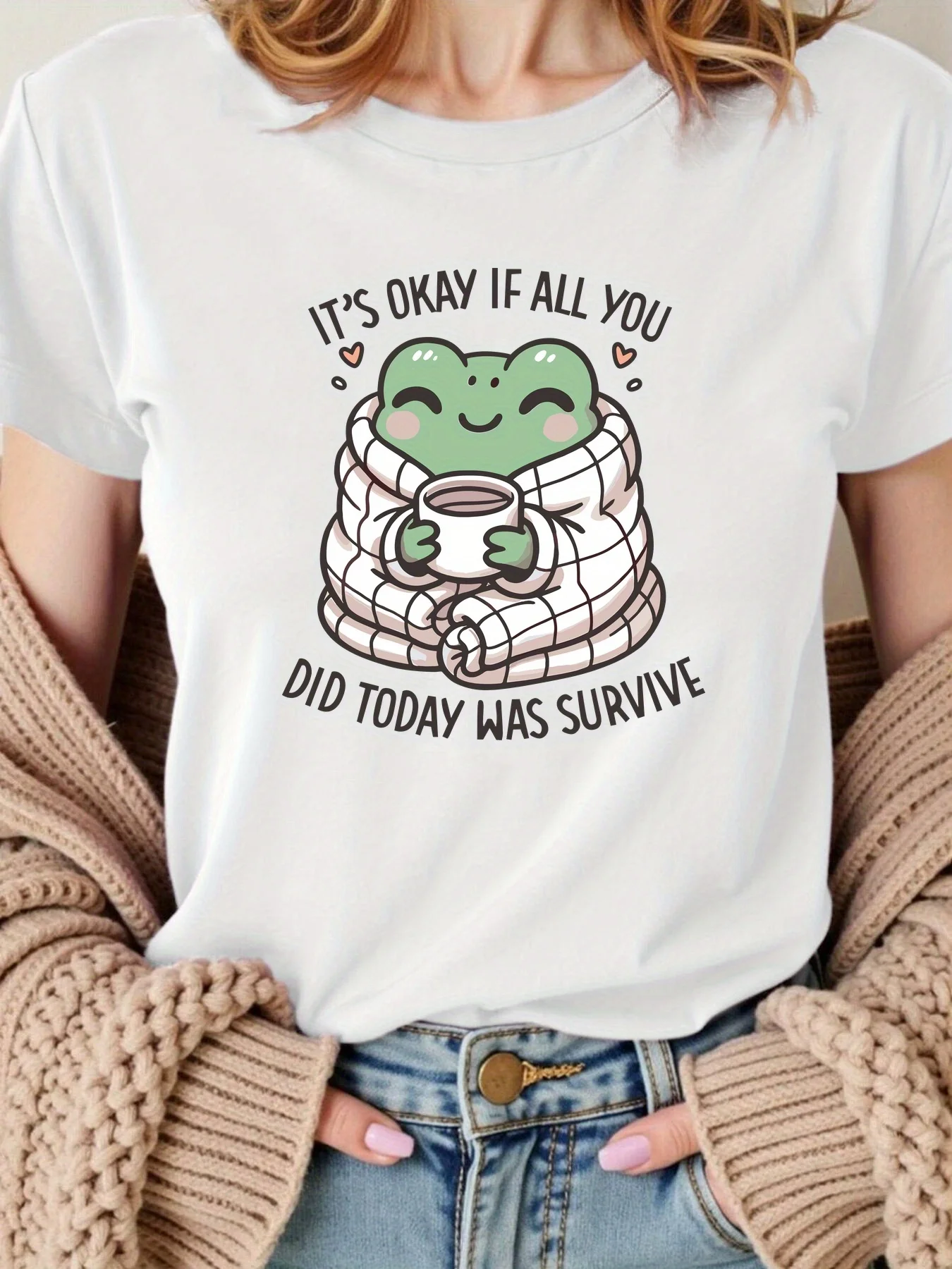 

Cute and Warm Frog Pattern Print Women's T-shirt Short Sleeve Crew Neck Casual Top for Summer Women's Harajuku Casual Clothing