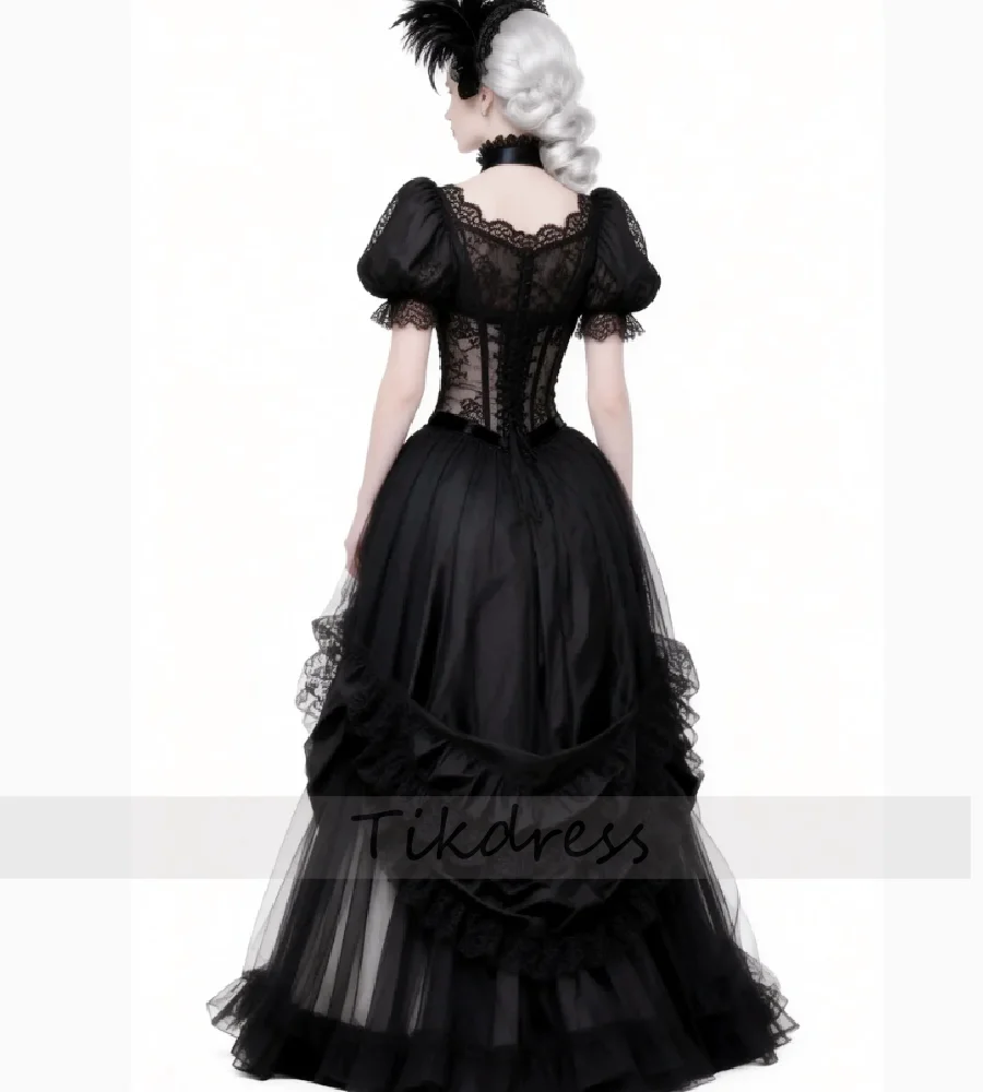 Victorian Black Gothic Wedding Dress 2026 Short Sleeve Ruffles Enchanting Bohemian Bridal Dress Lace Celtic Bridal Dress Witchy