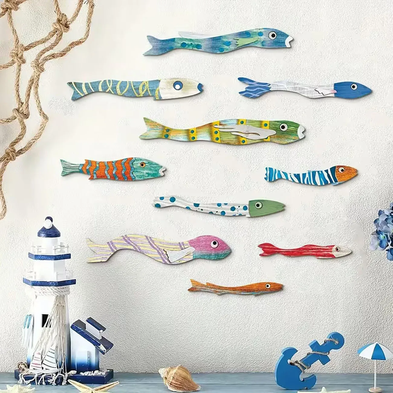 10Pcs Colorful Fish Wooden Wall Decor with Nano Tape, Coastal Wood Wall Art