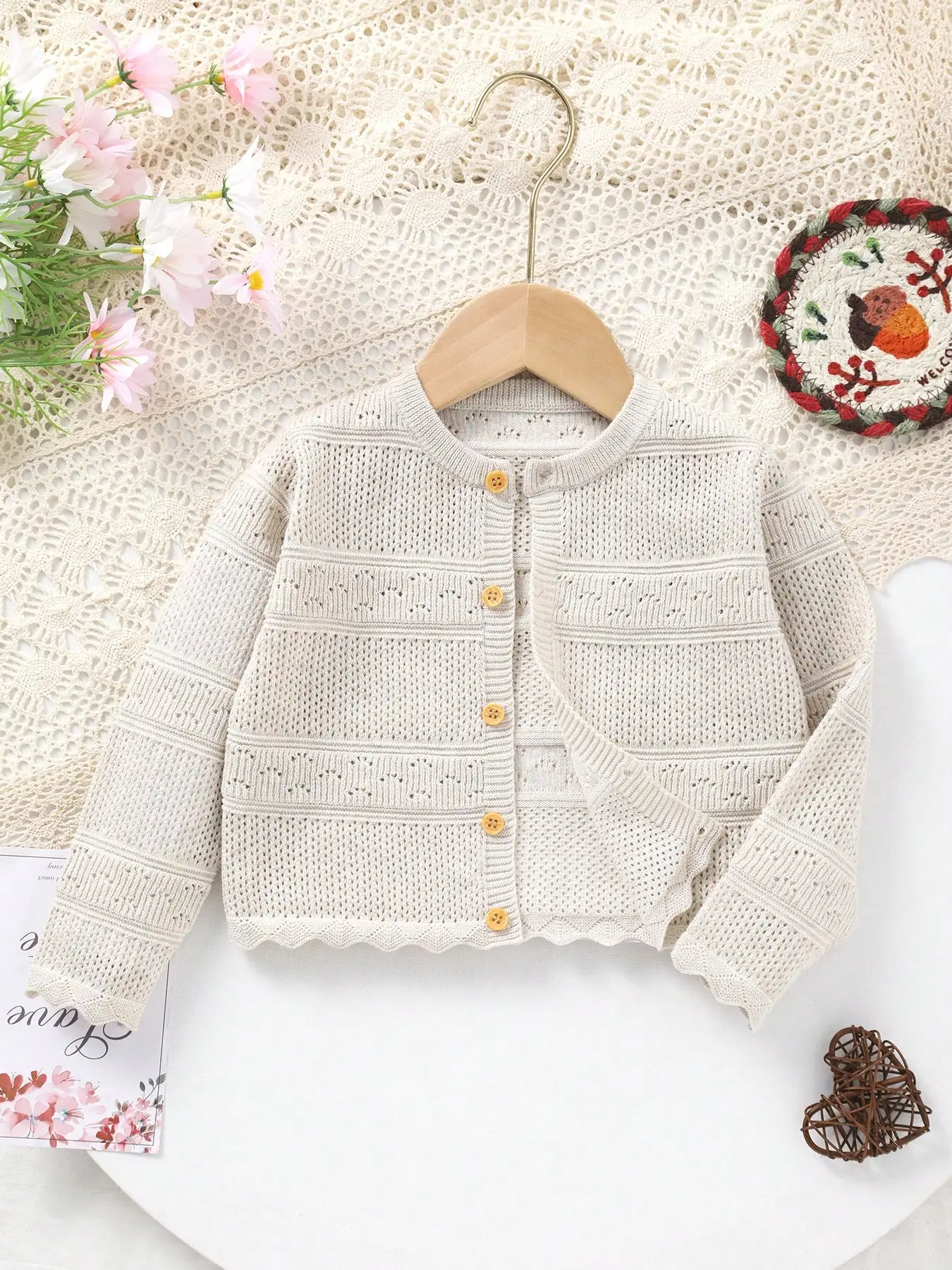 Elegant and Cute Hollow-Out Design Round-Neck Knit Cardigan for Baby Girls, Vintage and Elegant, Exuding Classiness