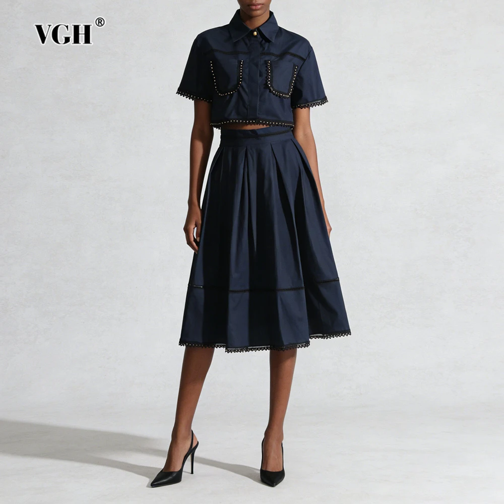 VGH Courtly Style Casual Vintage Two Piece Sets For Women Lapel Short Sleeve Top High Waist Skirt Spring Cute Set Female Fashion