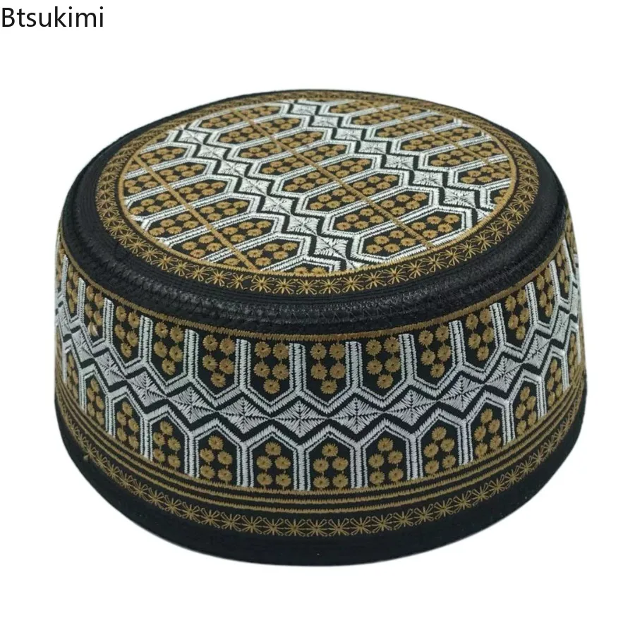 التطريز النقش عمامة القبعات الرجال تنفس الإسلامية الكوفي الصلاة قبعة عيد رمضان الحجاب بيني قبعات موضة مسلم الجمجمة القبعات #3