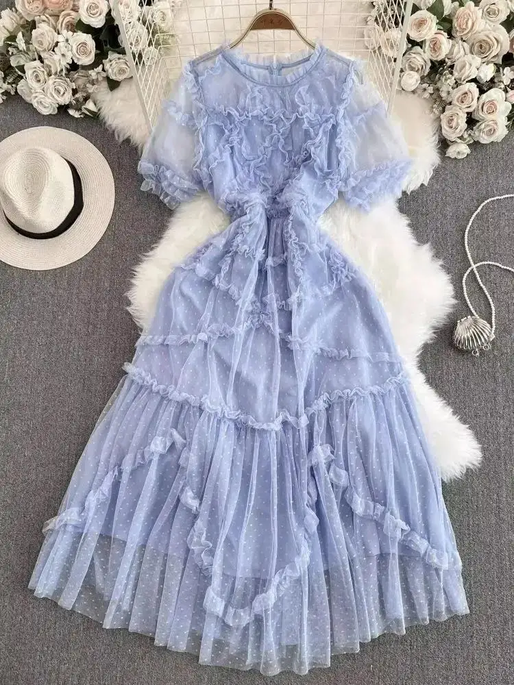 

Summer Elegant Dot Luxury Ruffles Gauze Mesh Party Prom Dress Women's Puff Sleeve Embroidery Edible Tree Fungus Wedding Vestido