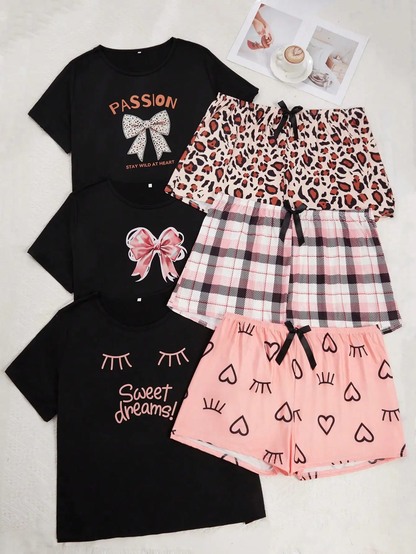 

Комплект женской пижамы больших размеров из 6 предметов: топ с коротким рукавом и шорты с принтом, уютная одежда для дома и отдыха