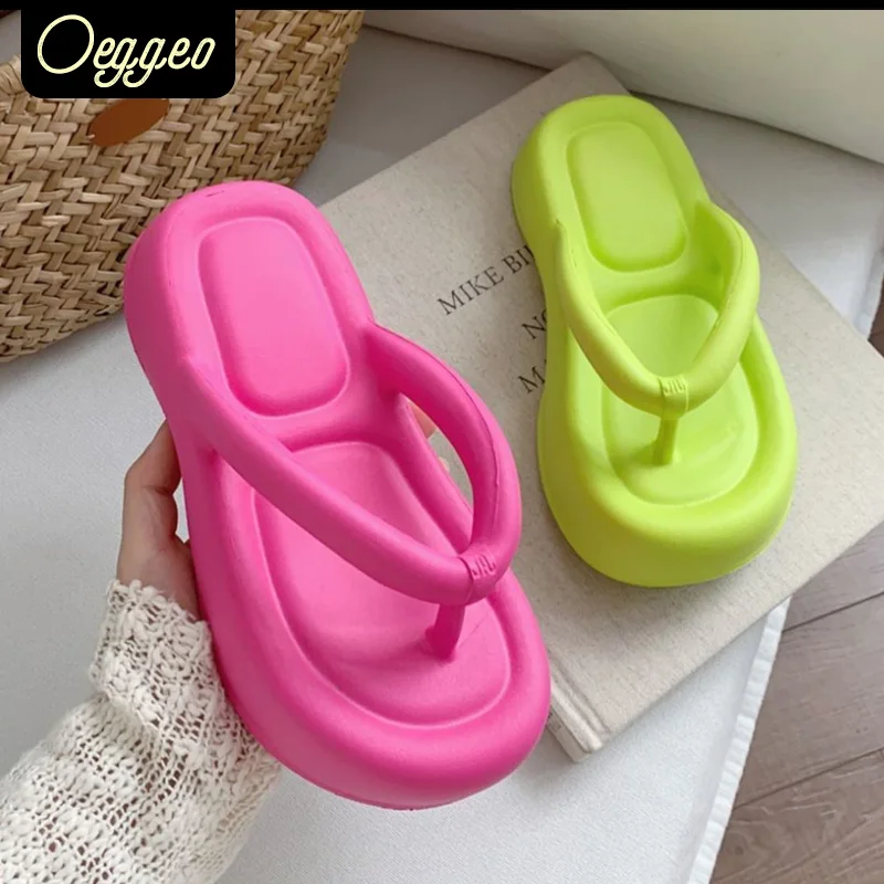 

oeggeo Korean version of ins simple soft-soled shoes women summer seaside vacation anti-skid flip-flops