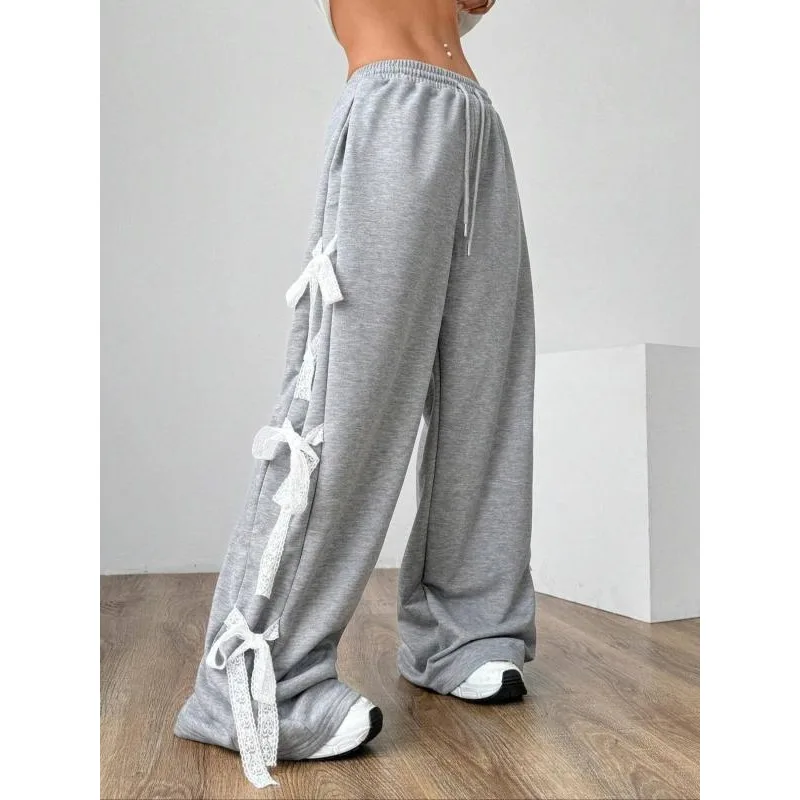 Plus Size 1XL-5XL Women's Fashion Lace Lace-up Pants Vintage Harajuku 90s Aesthetic Sweatpants Retro High Waist Wide Trousers