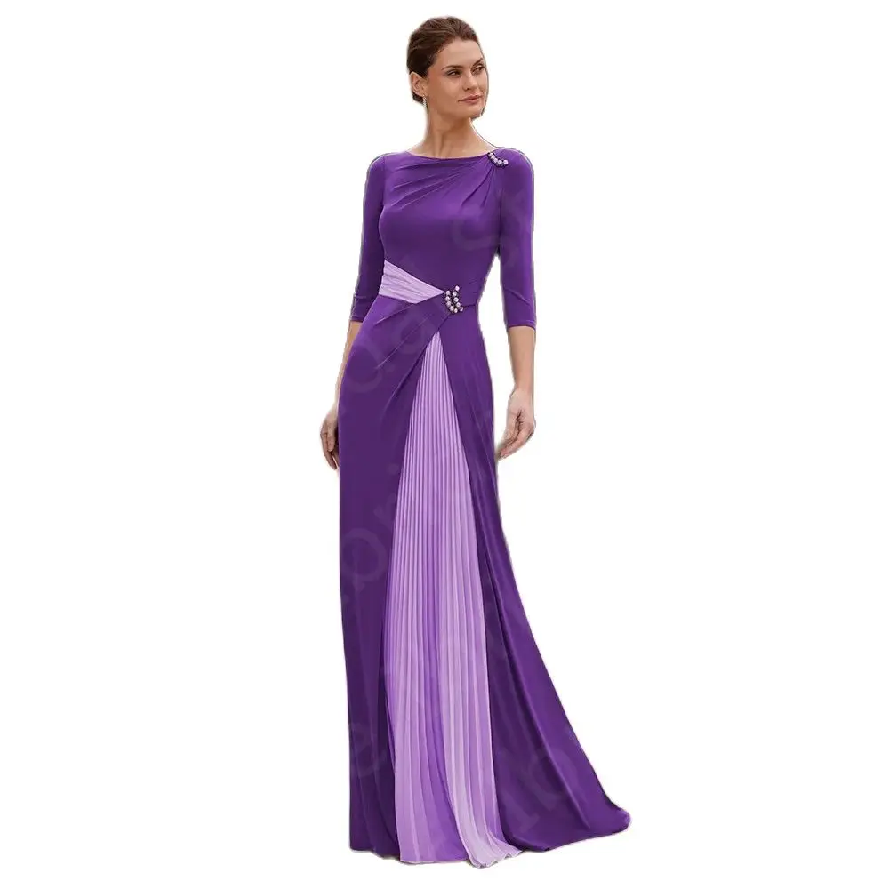 Classic Latest Contrast Color Mother of the Bride Dress 2024 Mother Gowns Purple 3/4 Sleeves Wedding Party Dress Back Out