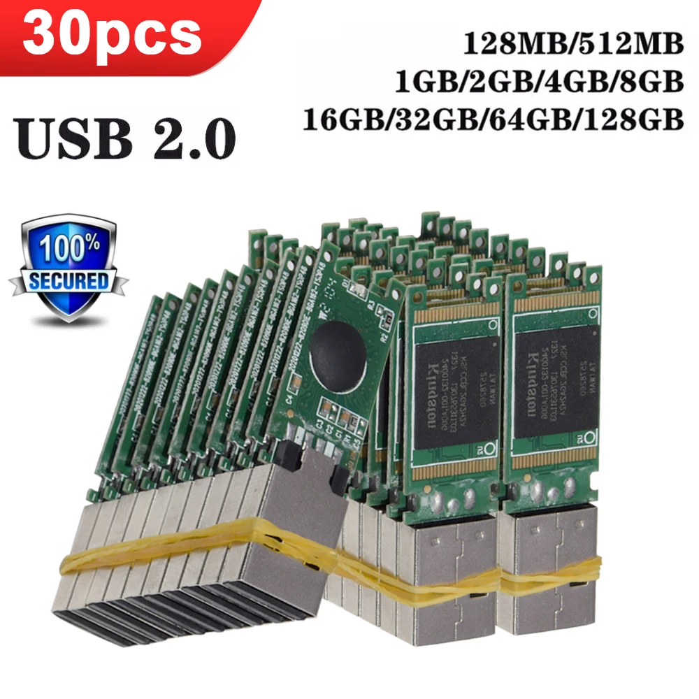 10/30/50/100 stks/partij USB Flash Drive 64GB 128GB USB 2.0 Pen drive 1GB 2GB 4GB 8GB 16GB Memory Sticks Halffabrikaten Chip 32GB