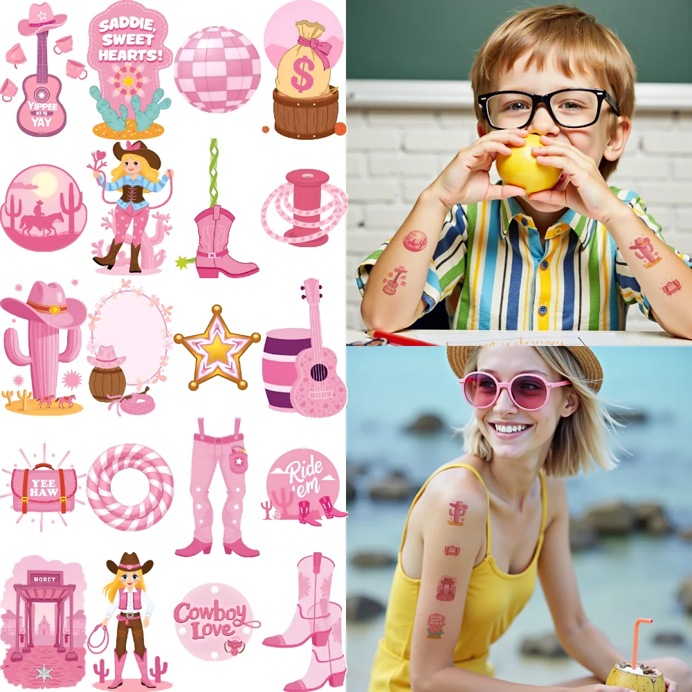 54pcs Temporary Tattoo Cowgirl Boots Waterproof Long-lasting Body Stickers Pink Cactus Cowboy Hat Cartoon For Arms Girls