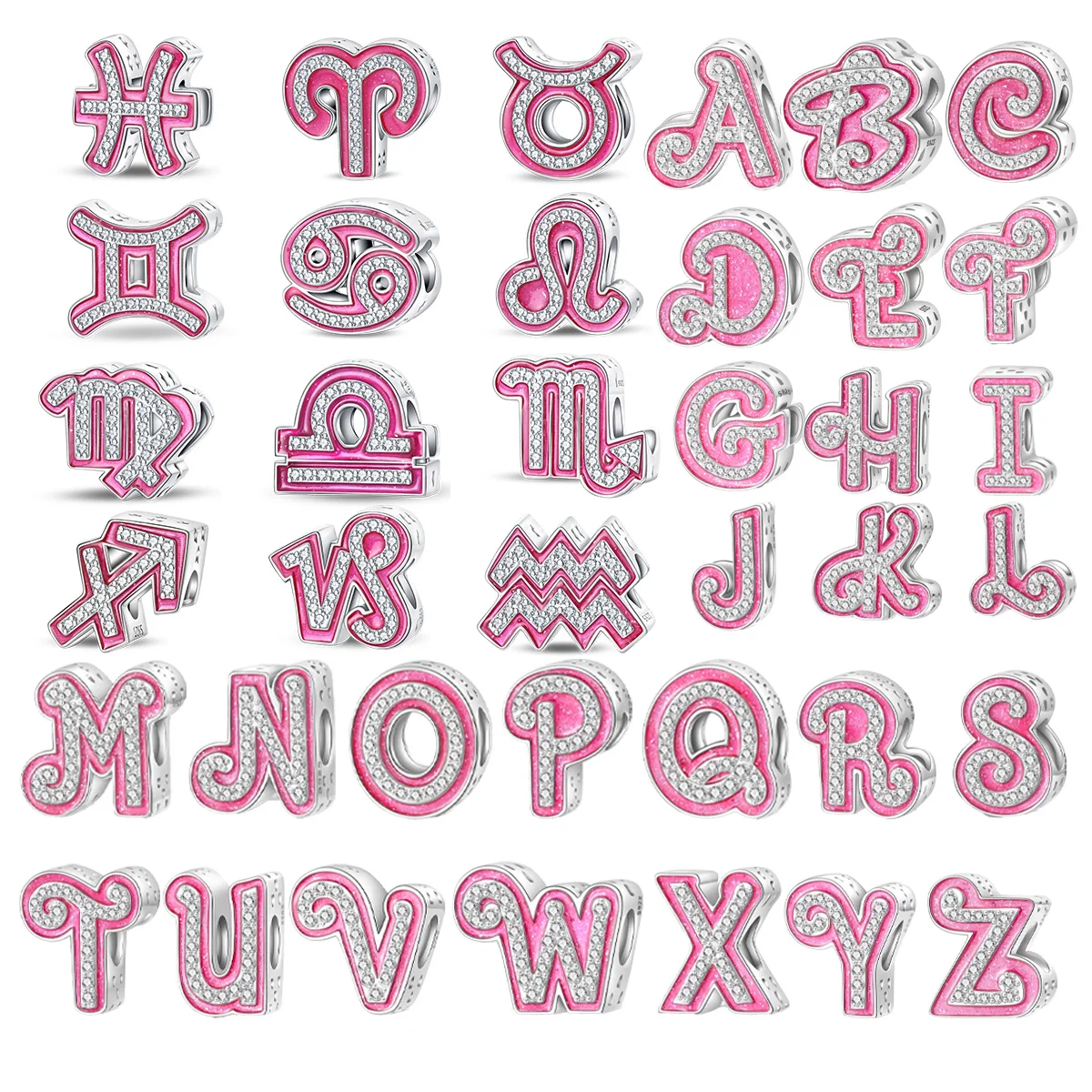 S925 Sterling Silver Twelve the Zodiac A-Z letters zircon pink Bead Charm Fit Original DIY Bracelet Accessories Women Jewelry