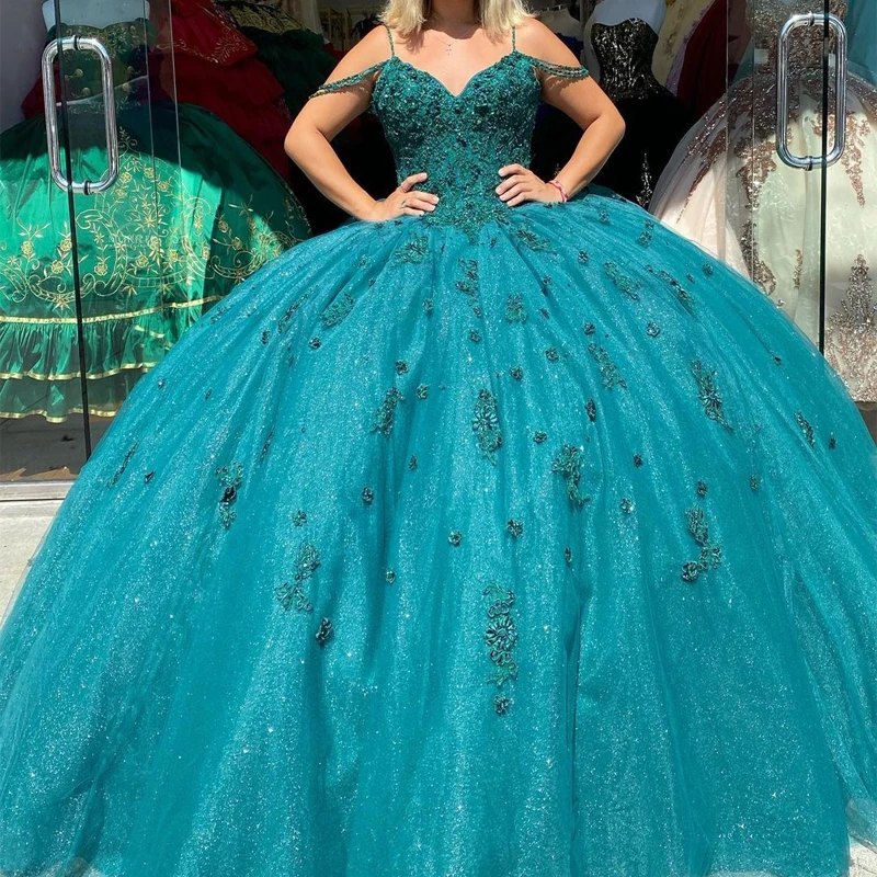 Vestidos modernos de quinceañera verde esmeralda, Apliques de encaje de lentejuelas, vestidos de graduación formales de princesa, dulces 16 vestidos de baile