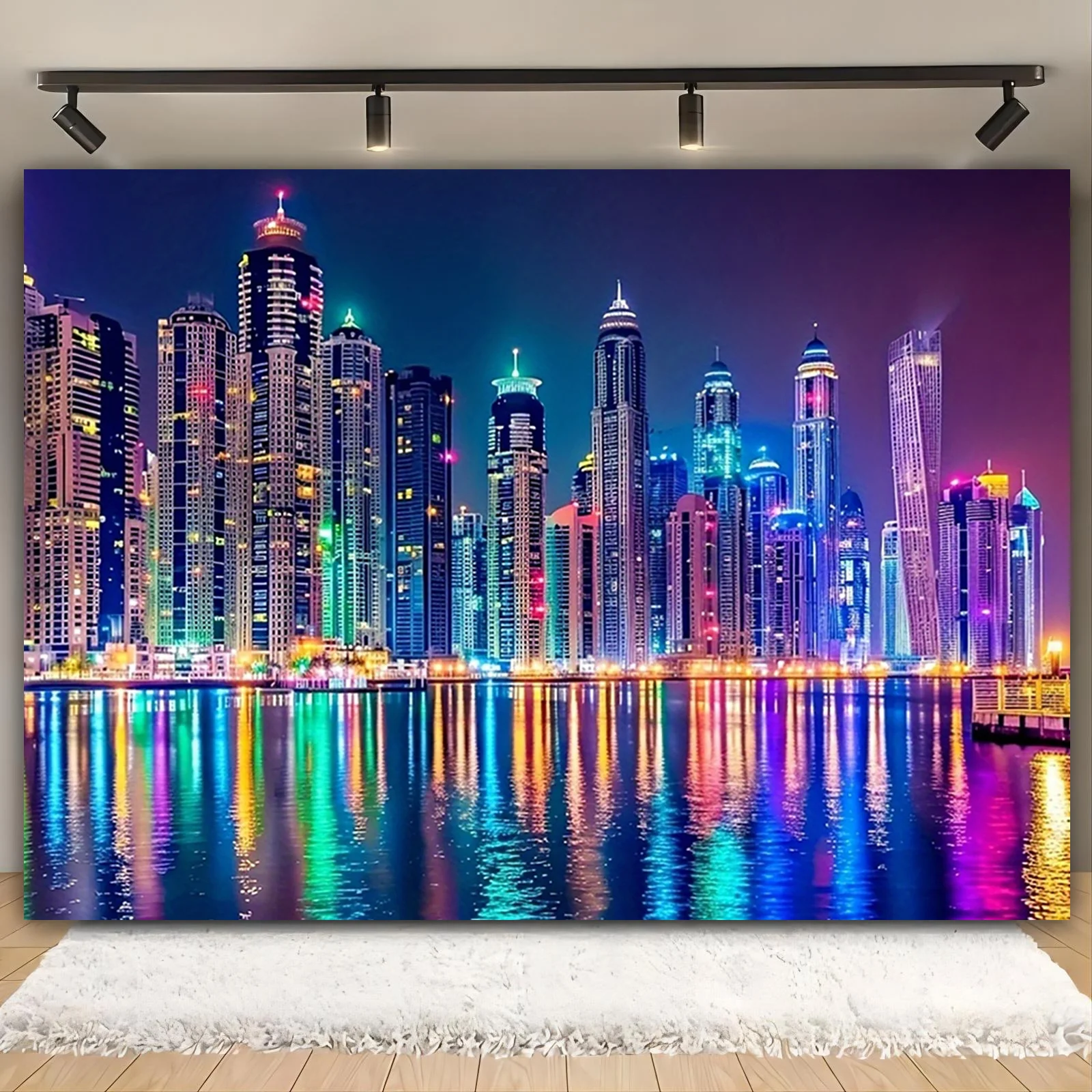 2D Flat, 2D Flat Banner, 1pc Large City Landscape Mural, Colorful Night Scene, Material, No Power Needed - Multifunctional Party