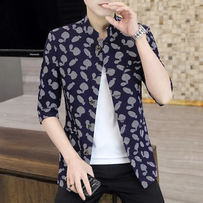 

Slim Fit Men's Summer New Sle Clubbing Thin Svel Stand Collar Jaet Polyester Fiber Casual Multi-Button Closure