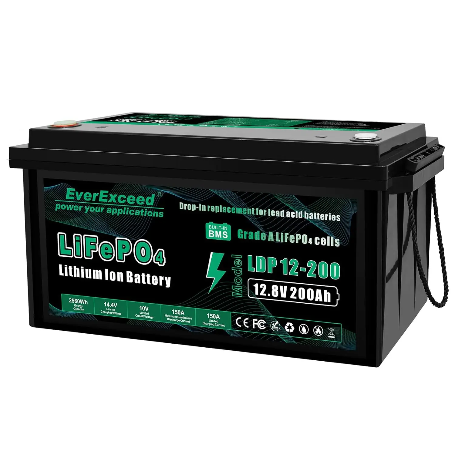 

12V 200AH LiFePO4 Battery with Built-in 150A BMS, 2560Wh Energy Lithium Battery with Low Temperature Protection,Customized