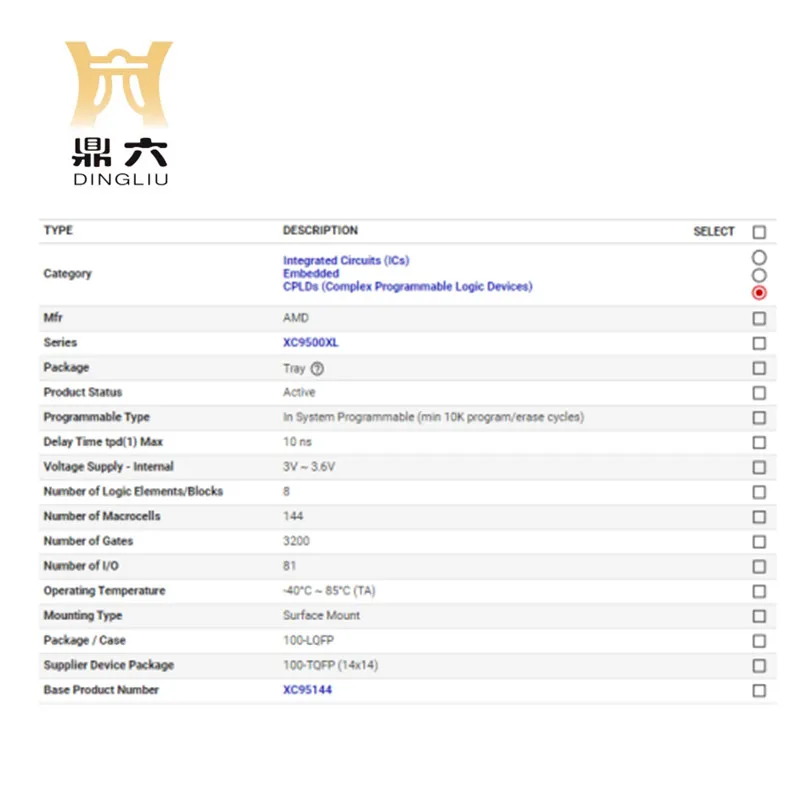 XC95144XL-10TQG100I  IC CPLD 144MC 10NS 100TQFP  XC95144XL-10TQG100I Complex Programmable Logic Devices