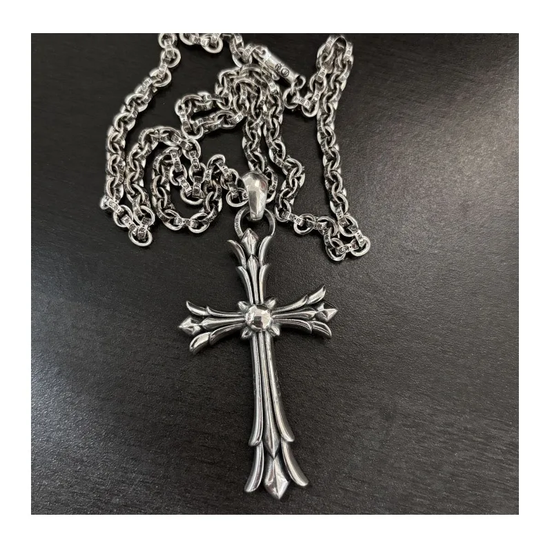 

Fashion Versatile Thai Silver Old Large Double Cross Pendant Letter Chain Pendant Necklace Couple