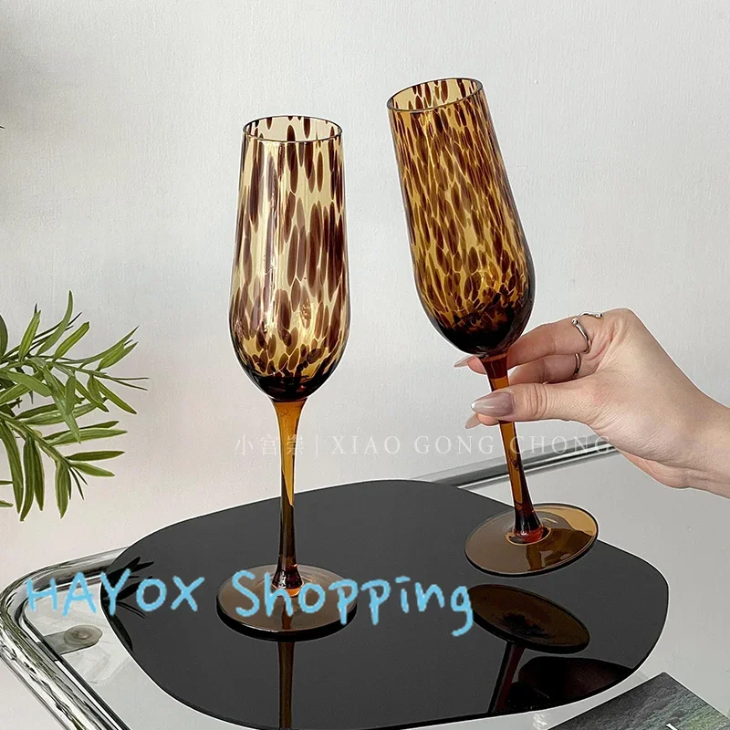 Vintage Amber Leopard Print Handmade Red Wine Glass Creative Crystal Goblet Art Apple Cup Whiskey Glass Cup Fine Wine Glasses