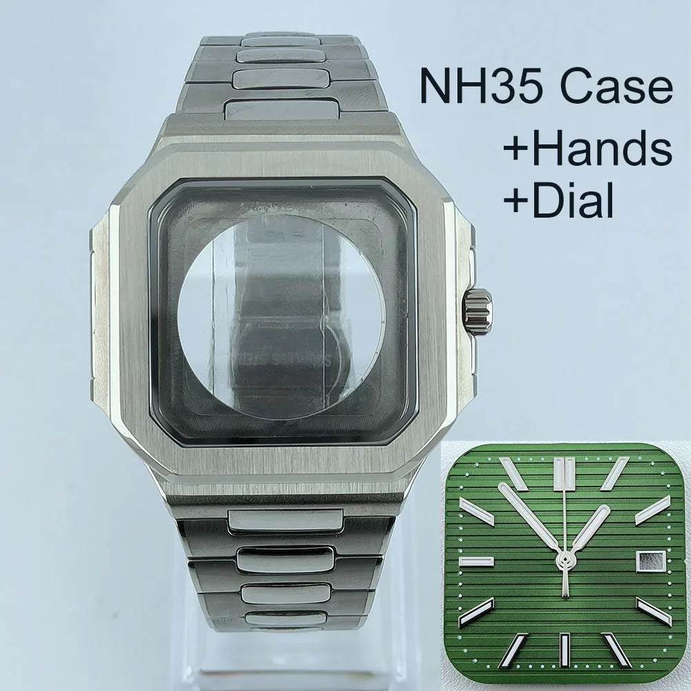 NH35 Watch 38.5mm Square case Parts Folding clasp WatchBand For Nau Modified Fit NH35 NH38 Movement Sapphire Crystal Glass